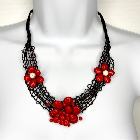Artisan Red Flower Boho Cord Necklace & Bracelet - Picture 2 of 16